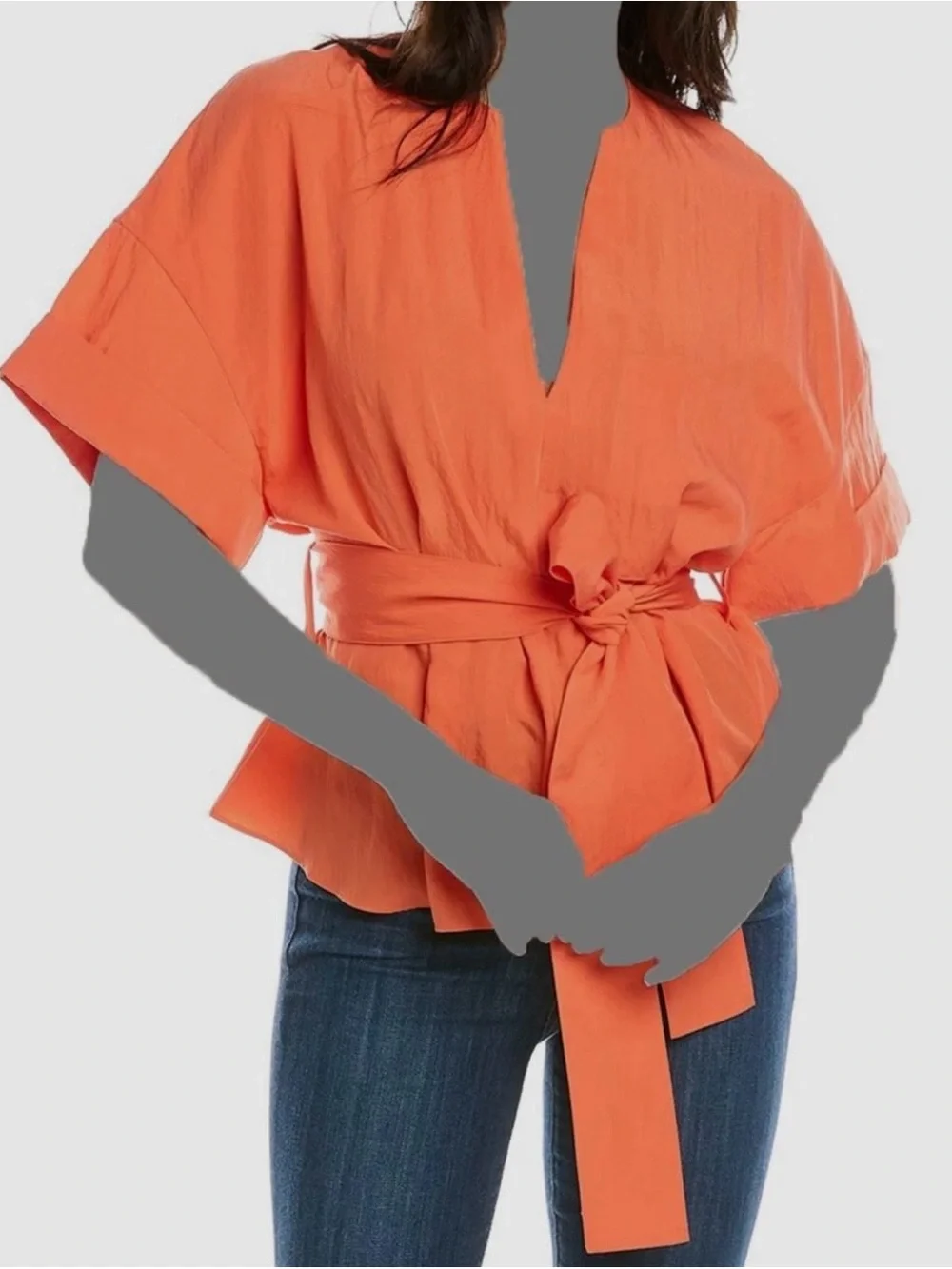 $295 Vince Women's Orange Cuffed Cotton V-Neck Blouse Top Size XL